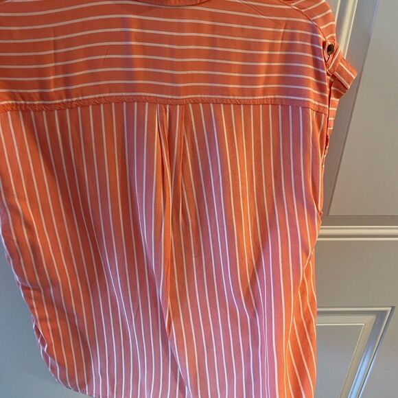 🔵 Ladies vertical stripe orange button down shirt with chest pockets size SM - Picture 7 of 10